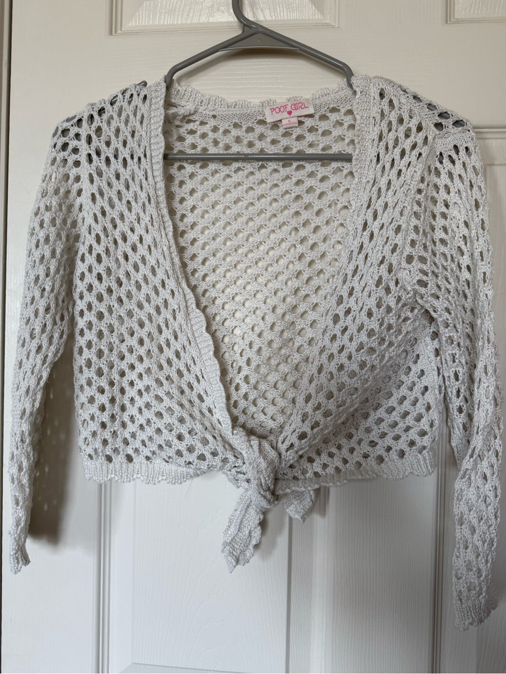 Poof Girl Light Gray Open-Knit Tie-Front Kids Sweater